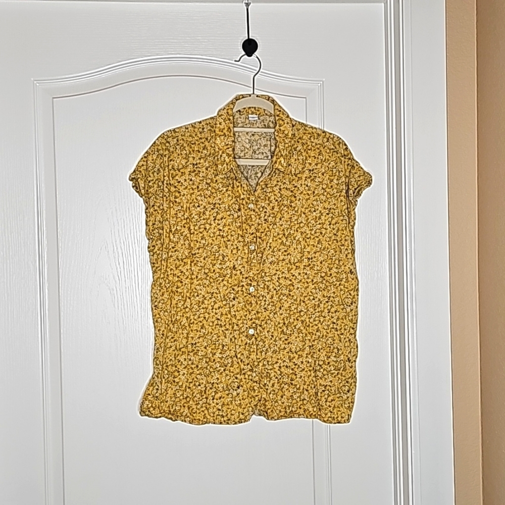 Ditty Floral Top Dolman Short Sleeve Button- Up Ruched Yellow Woman's Large